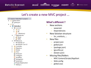 Let’s create a new MVC project … 
What’s different ? 
• New sections 
– wwwroot 
– Dependencies 
• New Solution structure 
– Src, artefacts, … 
• New files 
– project.json 
– global.json 
– (package.json) 
– (grunfile.js) 
– (bower.json) 
• Missing files/folders 
– MVC Content/Scripts/AppStart 
– Web.config 
– global.asax 
 