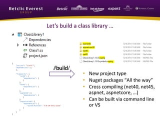 Let’s build a class library … 
• New project type 
• Nuget packages “All the way” 
• Cross compiling (net40, net45, 
aspnet, aspnetcore, …) 
• Can be built via command line 
or VS 
 