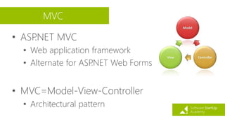 MVC
• ASP.NET MVC
• Web application framework
• Alternate for ASP.NET Web Forms
• MVC=Model-View-Controller
• Architectural pattern
 