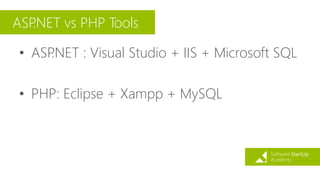 ASP.NET vs PHP Tools
• ASP.NET : Visual Studio + IIS + Microsoft SQL
• PHP: Eclipse + Xampp + MySQL
 
