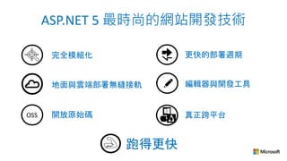 ASP.NET 5 最時尚的網站開發技術
編輯器與開發工具
開放原始碼 真正跨平台OSS
地面與雲端部署無縫接軌
更快的部署週期完全模組化
跑得更快
 