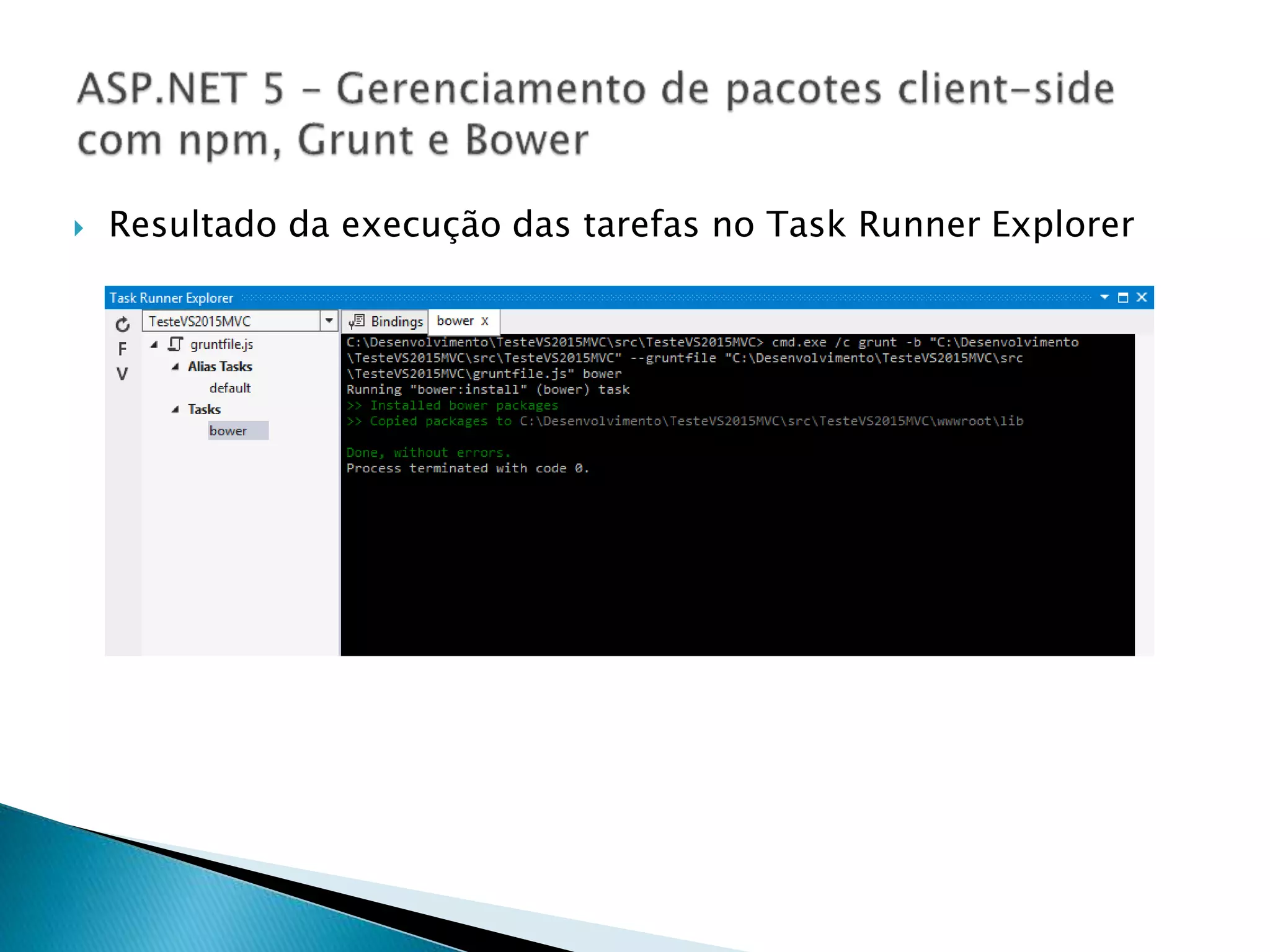  Resultado da execução das tarefas no Task Runner Explorer
 
