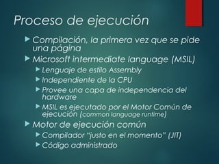 Proceso de ejecución
 Compilación, la primera vez que se pide
una página
 Microsoft intermediate language (MSIL)
 Lenguaje de estilo Assembly
 Independiente de la CPU
 Provee una capa de independencia del
hardware
 MSIL es ejecutado por el Motor Común de
ejecución (common language runtime)
 Motor de ejecución común
 Compilador “justo en el momento” (JIT)
 Código administrado
 