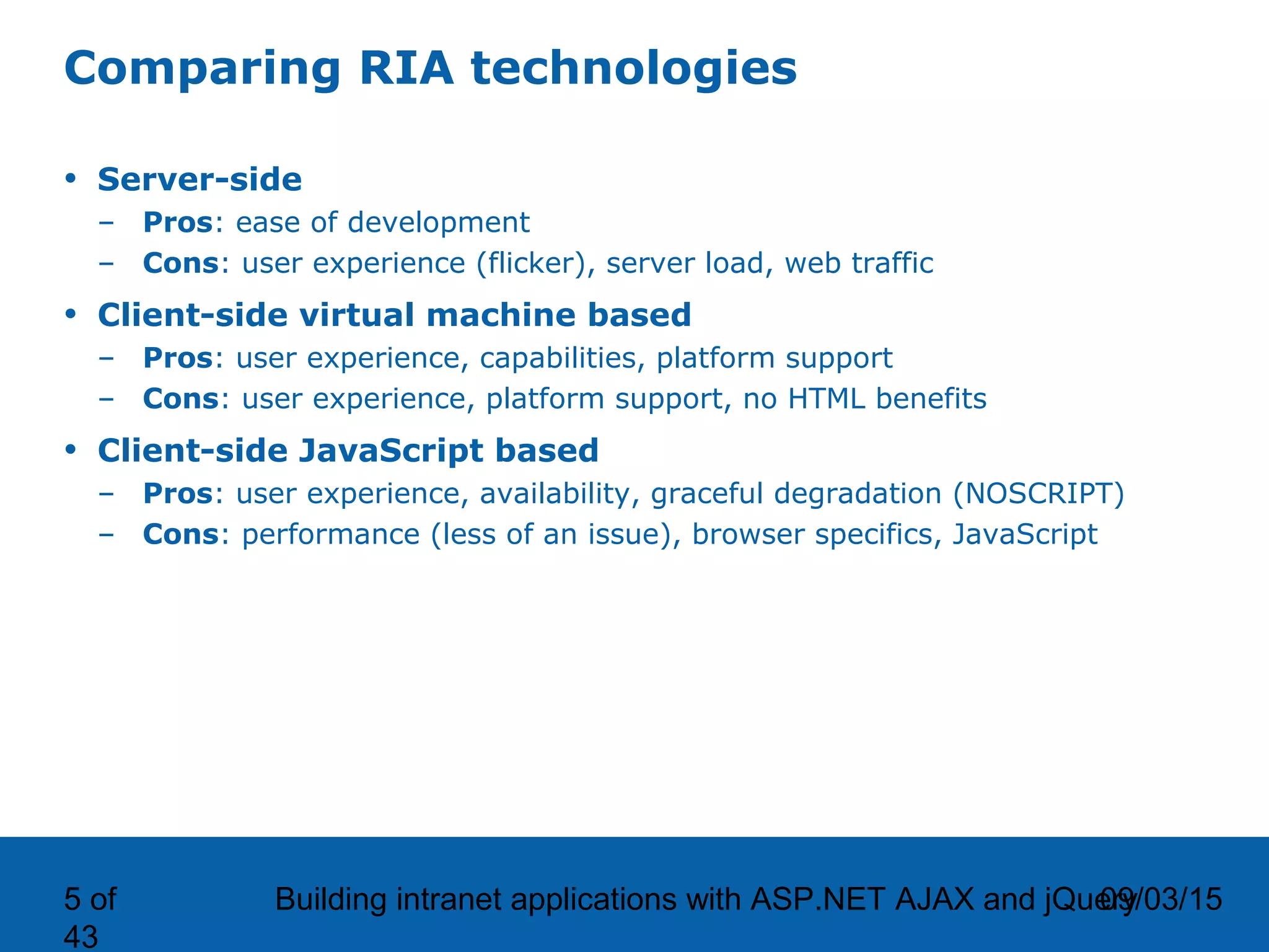 09/03/15Building intranet applications with ASP.NET AJAX and jQuery5 of 43 Comparing RIA technologies • Server-side – Pros: ease of development – Cons: user experience (flicker), server load, web traffic • Client-side virtual machine based – Pros: user experience, capabilities, platform support – Cons: user experience, platform support, no HTML benefits • Client-side JavaScript based – Pros: user experience, availability, graceful degradation (NOSCRIPT) – Cons: performance (less of an issue), browser specifics, JavaScript 
