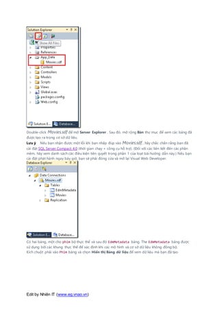 Edit by Nhiên IT (www.eg.vnao.vn)
Double-click Movies.sdf để mở Server Explorer . Sau đó, mở rộng Bàn thư mục để xem các bảng đã
được tạo ra trong cơ sở dữ liệu.
Lưu ý Nếu bạn nhận được một lỗi khi bạn nhấp đúp vào Movies.sdf , hãy chắc chắn rằng bạn đã
cài đặt SQL Server Compact 4.0 (thời gian chạy + công cụ hỗ trợ). (Đối với các liên kết đến các phần
mềm, hãy xem danh sách các điều kiện tiên quyết trong phần 1 của loạt bài hướng dẫn này.) Nếu bạn
cài đặt phát hành ngay bây giờ, bạn sẽ phải đóng cửa và mở lại Visual Web Developer.
Có hai bảng, một cho phim bộ thực thể và sau đó EdmMetadata bảng. The EdmMetadata bảng được
sử dụng bởi các khung thực thể để xác định khi các mô hình và cơ sở dữ liệu không đồng bộ.
Kích chuột phải vào Phim bảng và chọn Hiển thị Bảng dữ liệu để xem dữ liệu mà bạn đã tạo.
 