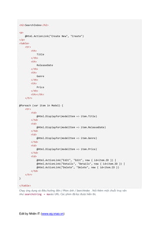 Edit by Nhiên IT (www.eg.vnao.vn)
<h2>SearchIndex</h2>
<p>
@Html.ActionLink("Create New", "Create")
</p>
<table>
<tr>
<th>
Title
</th>
<th>
ReleaseDate
</th>
<th>
Genre
</th>
<th>
Price
</th>
<th></th>
</tr>
@foreach (var item in Model) {
<tr>
<td>
@Html.DisplayFor(modelItem => item.Title)
</td>
<td>
@Html.DisplayFor(modelItem => item.ReleaseDate)
</td>
<td>
@Html.DisplayFor(modelItem => item.Genre)
</td>
<td>
@Html.DisplayFor(modelItem => item.Price)
</td>
<td>
@Html.ActionLink("Edit", "Edit", new { id=item.ID }) |
@Html.ActionLink("Details", "Details", new { id=item.ID }) |
@Html.ActionLink("Delete", "Delete", new { id=item.ID })
</td>
</tr>
}
</table>
Chạy ứng dụng và điều hướng đến / Phim ảnh / SearchIndex . Nối thêm một chuỗi truy vấn
như searchstring = mavào URL. Các phim đã lọc được hiển thị.
 