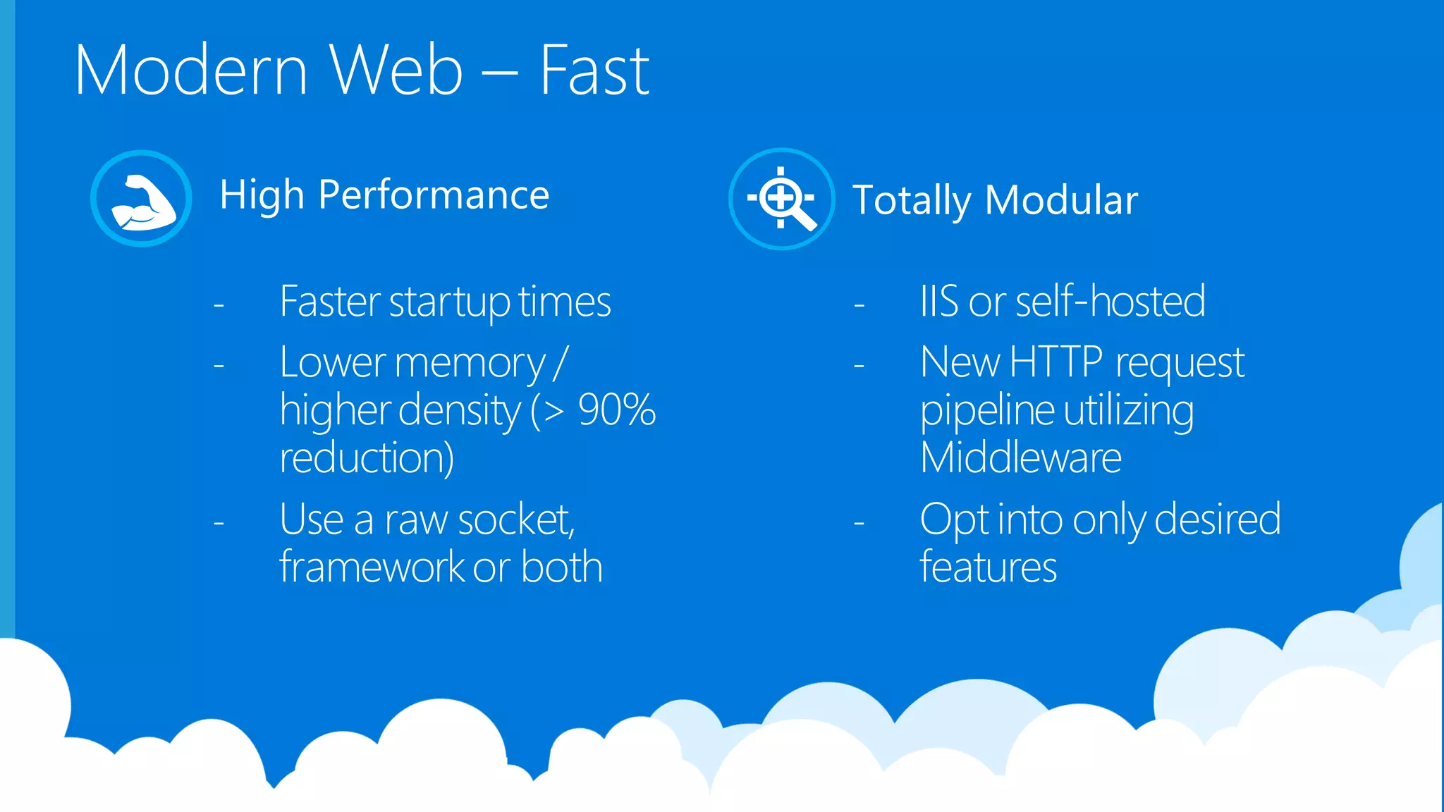 Modern Web – Fast - Fasterstartuptimes - Lowermemory/ higherdensity(> 90% reduction) - Use a raw socket, frameworkor both - IIS or self-hosted - New HTTP request pipelineutilizing Middleware - Opt into onlydesired features High Performance Totally Modular 