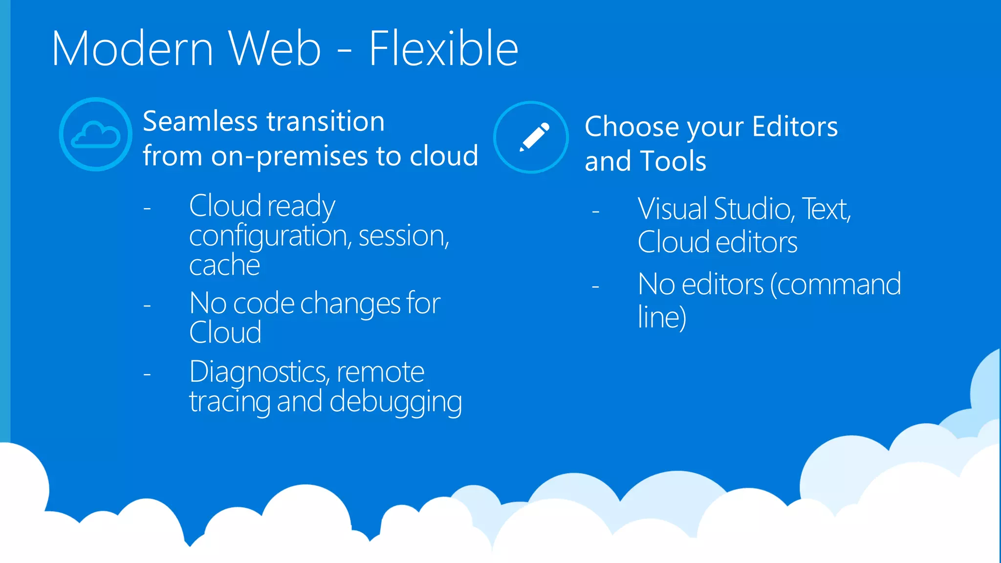 Modern Web - Flexible - Cloudready configuration,session, cache - No codechangesfor Cloud - Diagnostics,remote tracingand debugging Seamless transition from on-premises to cloud - Visual Studio,Text, Cloudeditors - No editors(command line) Choose your Editors and Tools 