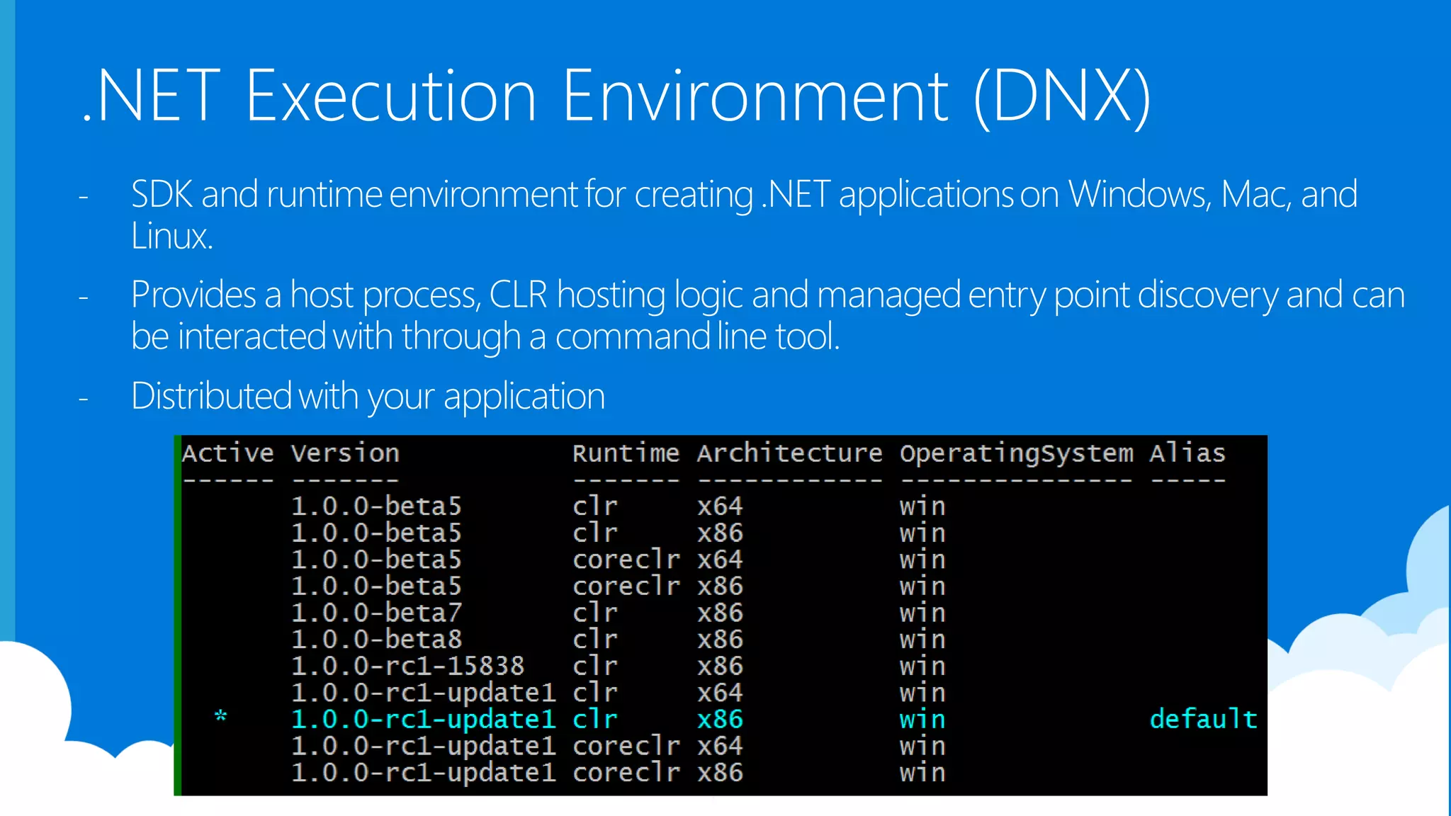 .NET Execution Environment (DNX) - SDK and runtimeenvironmentfor creating.NET applicationson Windows, Mac, and Linux. - Provides a host process,CLR hosting logic and managedentry point discovery and can be interactedwith through a commandline tool. - Distributedwith your application 