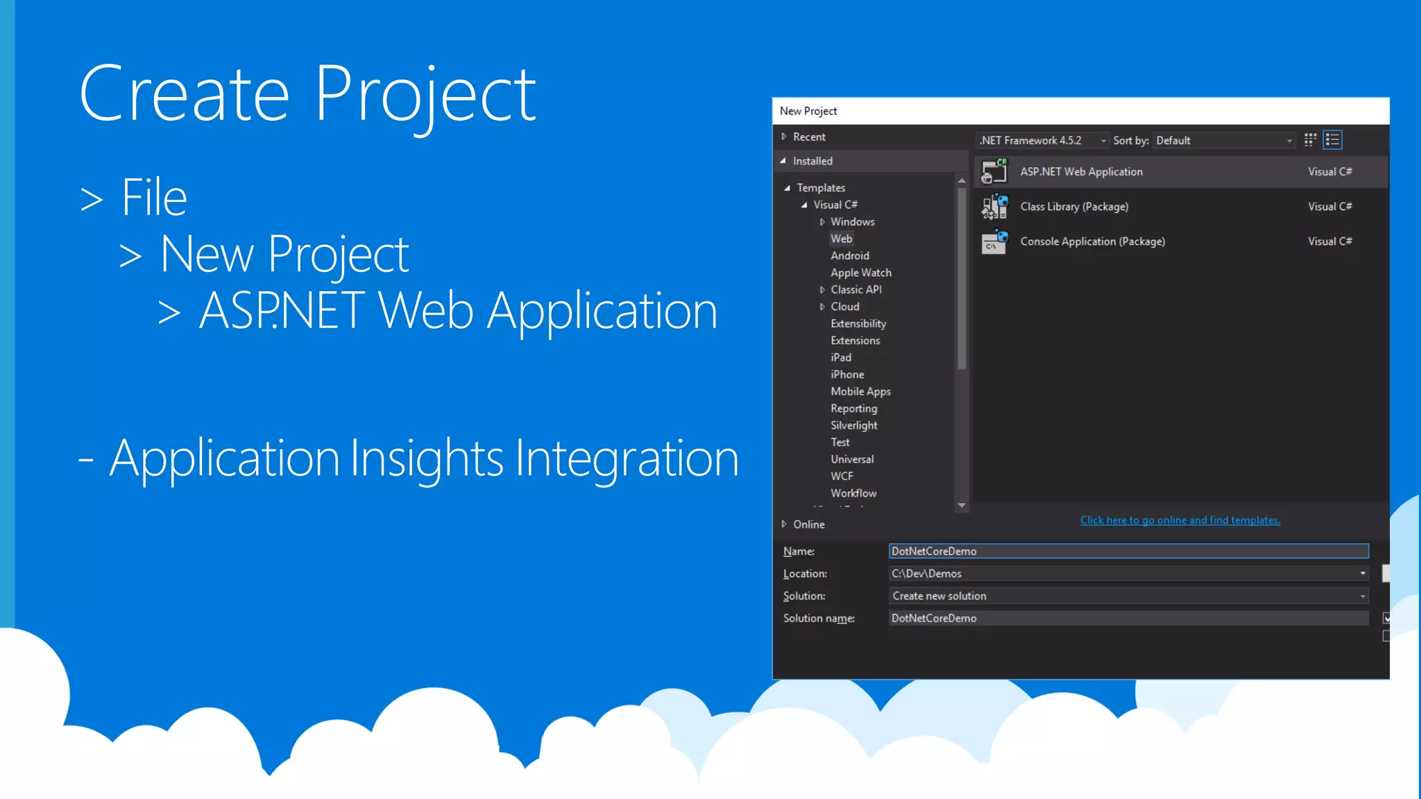 Create Project > File > New Project > ASP.NET Web Application - ApplicationInsights Integration 