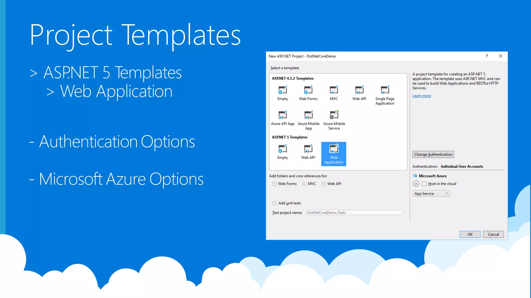 Project Templates > ASP.NET 5 Templates > Web Application - AuthenticationOptions - Microsoft Azure Options 