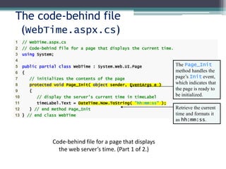 1 // WebTime.aspx.cs
2 // Code-behind file for a page that displays the current time.
3 using System;
4
5 public partial class WebTime : System.Web.UI.Page
6 {
7 // initializes the contents of the page
8 protected void Page_Init( object sender, EventArgs e )
9 {
10 // display the server's current time in timeLabel
11 timeLabel.Text = DateTime.Now.ToString( "hh:mm:ss" );
12 } // end method Page_Init
13 } // end class WebTime
The code-behind file
(WebTime.aspx.cs)
Code-behind file for a page that displays
the web server’s time. (Part 1 of 2.)
The Page_Init
method handles the
page’s Init event,
which indicates that
the page is ready to
be initialized.
Retrieve the current
time and formats it
as hh:mm:ss.
 
