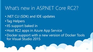 What’s new in ASP.NET Core RC2?
•.NET CLI (SDK) and IDE updates
•Tag Helpers
•IIS support baked in
•Host RC2 apps in Azure App Service
•Docker support with a new version of Docker Tools
for Visual Studio 2015
33
 