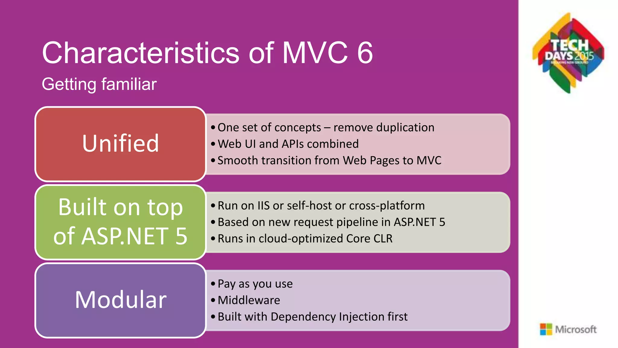 Characteristics of MVC 6 •One set of concepts – remove duplication •Web UI and APIs combined •Smooth transition from Web Pages to MVC Unified •Run on IIS or self-host or cross-platform •Based on new request pipeline in ASP.NET 5 •Runs in cloud-optimized Core CLR Built on top of ASP.NET 5 •Pay as you use •Middleware •Built with Dependency Injection first Modular Getting familiar 