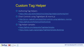 .NET Core Saturday 2016 – 22.10.2016
Custom Tag Helper
◇ Authoring Tag Helpers
￭ https://docs.asp.net/en/latest/mvc/views/...