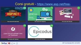 .NET Core Saturday 2016 – 22.10.2016
Corsi gratuiti - https://www.asp.net/free-
courses
 