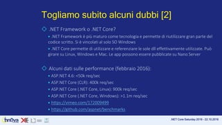 .NET Core Saturday 2016 – 22.10.2016
Togliamo subito alcuni dubbi [2]
◇ .NET Framework o .NET Core?
￭ .NET Framework è più...