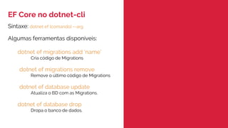 EF Core no dotnet-cli
ciandt.com
Sintaxe: dotnet ef {comando} --arg
Algumas ferramentas disponíveis:
dotnet ef migrations add ‘name’
Cria código de Migrations
dotnet ef migrations remove
Remove o último código de Migrations
dotnet ef database update
Atualiza o BD com as Migrations.
dotnet ef database drop
Dropa o banco de dados.
 