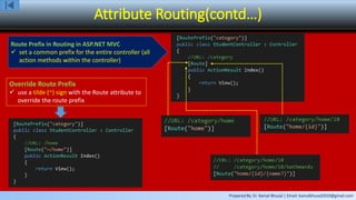 Prepared By: Er. Kamal Bhusal | Email: kamalbhusal2010@gmail.com
Attribute Routing(contd…)
Route Prefix in Routing in ASP.NET MVC
 set a common prefix for the entire controller (all
action methods within the controller)
Override Route Prefix
 use a tilde (~) sign with the Route attribute to
override the route prefix
 