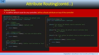 Prepared By: Er. Kamal Bhusal | Email: kamalbhusal2010@gmail.com
Attribute Routing(contd…)
Default route
 to define default route for any controller, define a Route attribute on top of the controller
 
