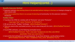 Prepared By: Er. Kamal Bhusal | Email: kamalbhusal2010@gmail.com
Html Helpers(contd…)
Benefits Extension Method
 Extension methods allow existing classes to be extended without relying on inheritance or having to change the
class's source code
 If the class is sealed than there in no concept of extending its functionality. For this extension methods is
introduced
TextBox helper
 To produce the HTML for a textbox with id=“firstname” and name=“firstname”
<input type=“text” name=“firstname” id=“firstname”/>
 OR, we can use the “TextBox” htmlhelper : @Html.TextBox(“firstname”)
 There are several other overloaded versions. To set a value along with the name : @Html.TextBox(“firstname”,
“Ram”)
 To set HTML attributes, use the following overloaded version
@Html.TextBox(“firstname”, “Ram”, new{ style=“background-color:Red; color:White”,
placeholder=“Enter your name here” })
 Some of the html attributes are reserved keywords. To use these attributes, use @ symbol as below :
@Html.TextBox(“firstname”, “Ram”, new{@class=“class_name”, @readonly=“true”})
 