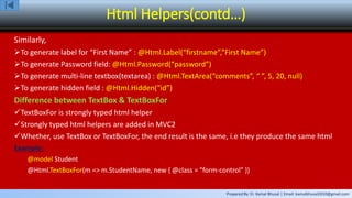 Prepared By: Er. Kamal Bhusal | Email: kamalbhusal2010@gmail.com
Html Helpers(contd…)
Similarly,
To generate label for “First Name” : @Html.Label(“firstname”,”First Name”)
To generate Password field: @Html.Password(“password”)
To generate multi-line textbox(textarea) : @Html.TextArea(“comments”, “ ”, 5, 20, null)
To generate hidden field : @Html.Hidden(“id”)
Difference between TextBox & TextBoxFor
TextBoxFor is strongly typed html helper
Strongly typed html helpers are added in MVC2
Whether, use TextBox or TextBoxFor, the end result is the same, i.e they produce the same html
Example:
@model Student
@Html.TextBoxFor(m => m.StudentName, new { @class = "form-control" })
 