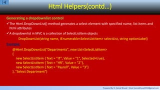 Prepared By: Er. Kamal Bhusal | Email: kamalbhusal2010@gmail.com
Html Helpers(contd…)
Generating a dropdownlist control
The Html.DropDownList() method generates a select element with specified name, list items and
html attributes
A dropdownlist in MVC is a collection of SelectListItem objects
DropDownList(string name, IEnumerable<SelectListItem> selectList, string optionLabel)
Example:
@Html.DropDownList("Departments", new List<SelectListItem>
{
new SelectListItem { Text = "IT", Value = "1", Selected=true},
new SelectListItem { Text = "HR", Value = "2"},
new SelectListItem { Text = "Payroll", Value = "3"}
}, "Select Department")
 