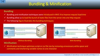 Prepared By: Er. Kamal Bhusal | Email: kamalbhusal2010@gmail.com
Bundling & Minification
Bundling
 Bundling and minification techniques were introduced in MVC 4 to improve request load time
 Bundling allow us to load the bunch of static files from the server into one http request
 The following figure illustrates the bundling techniques:
Minification
 Minification technique optimizes script or css file size by removing unnecessary white space and
comments and shortening variable names to one character
Without Bundling With Bundling
 