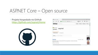 ASP.NET Core – Open source
◦ Projeto hospedado no GitHub
https://github.com/aspnet/Home
 