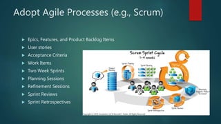 Adopt Agile Processes (e.g., Scrum)
 Epics, Features, and Product Backlog Items
 User stories
 Acceptance Criteria
 Work Items
 Two Week Sprints
 Planning Sessions
 Refinement Sessions
 Sprint Reviews
 Sprint Retrospectives
 