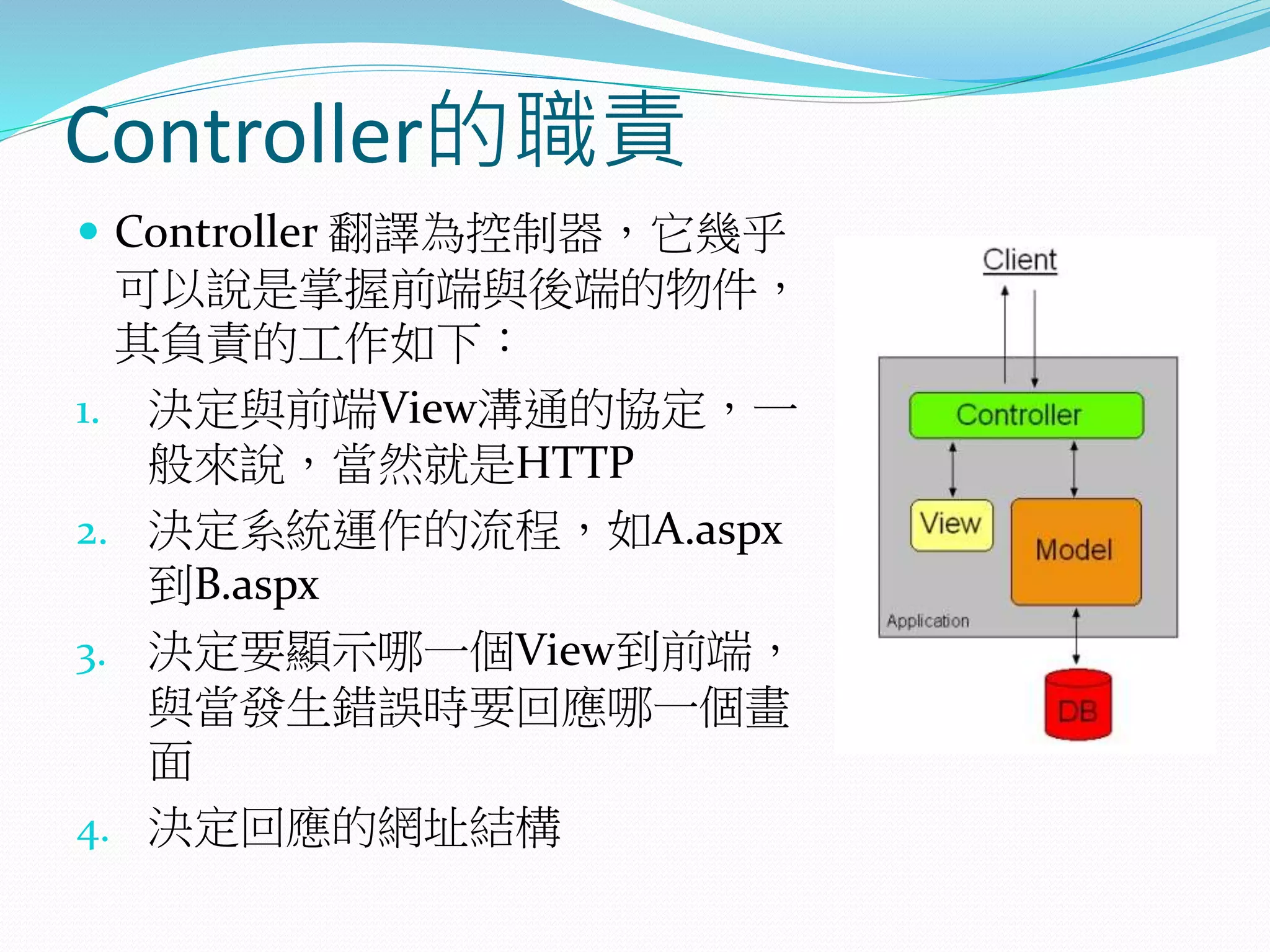 Controller的職責
 Controller 翻譯為控制器，它幾乎
可以說是掌握前端與後端的物件，
其負責的工作如下：
1. 決定與前端View溝通的協定，一
般來說，當然就是HTTP
2. 決定系統運作的流程，如A.aspx
到B.aspx
3. 決定要顯示哪一個View到前端，
與當發生錯誤時要回應哪一個畫
面
4. 決定回應的網址結構
 