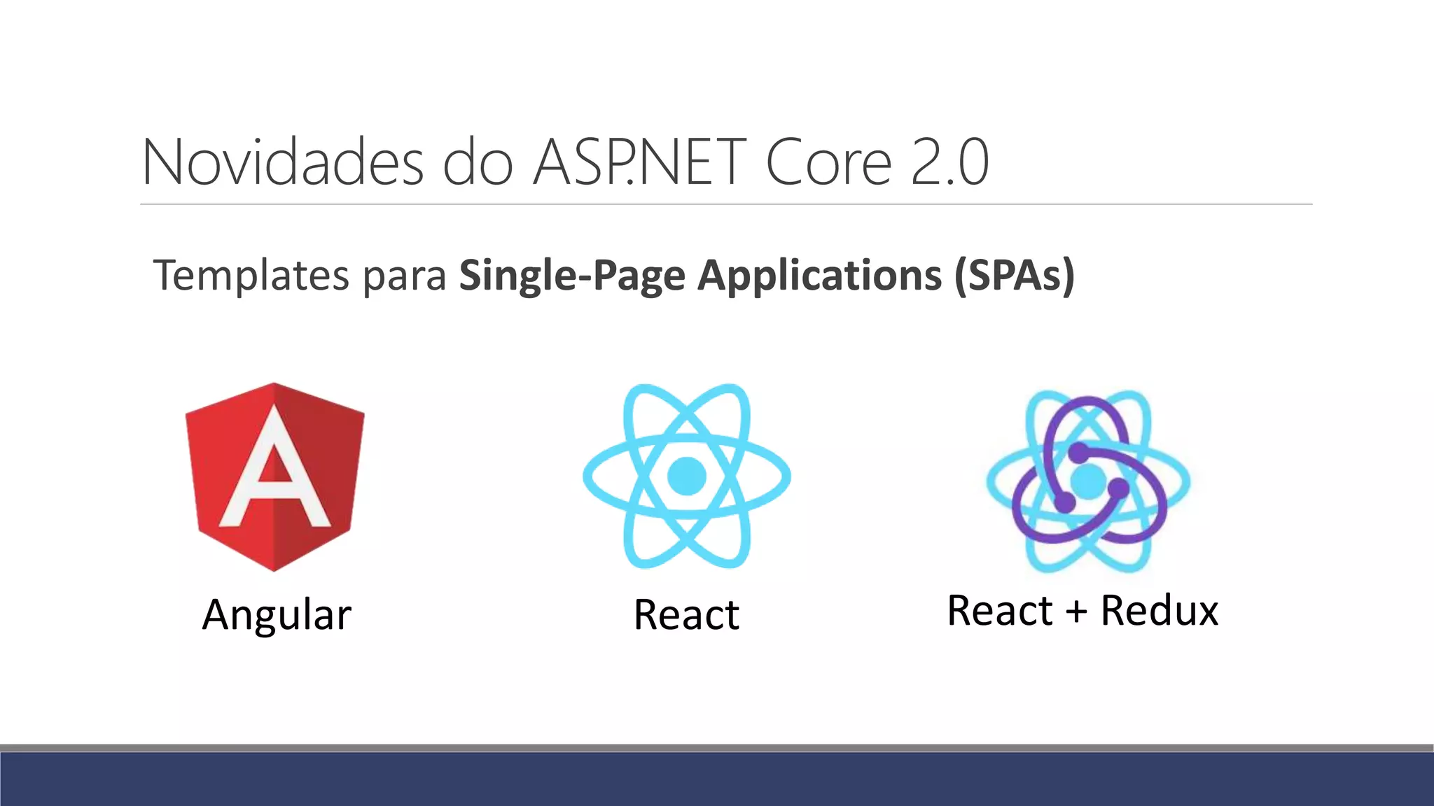 Novidades do ASP.NET Core 2.0
Templates para Single-Page Applications (SPAs)
Angular React React + Redux
 