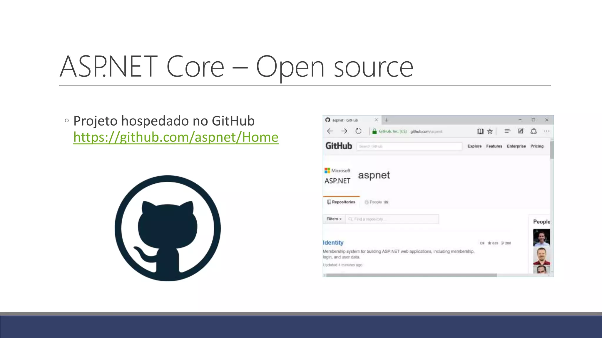ASP.NET Core – Open source
◦ Projeto hospedado no GitHub
https://github.com/aspnet/Home
 