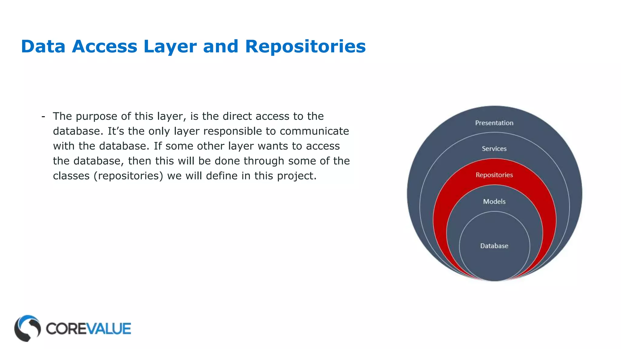 Data Access Layer and Repositories
- The purpose of this layer, is the direct access to the
database. It’s the only layer responsible to communicate
with the database. If some other layer wants to access
the database, then this will be done through some of the
classes (repositories) we will define in this project.
 
