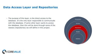 Data Access Layer and Repositories
- The purpose of this layer, is the direct access to the
database. It’s the only layer responsible to communicate
with the database. If some other layer wants to access
the database, then this will be done through some of the
classes (repositories) we will define in this project.
 