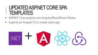 UPDATEDASP.NETCORESPA
TEMPLATES
 ASP.NET Core projects com Angular/React/React+Redux
 Suporte ao Angular CLI e create-react-app
.NET
 