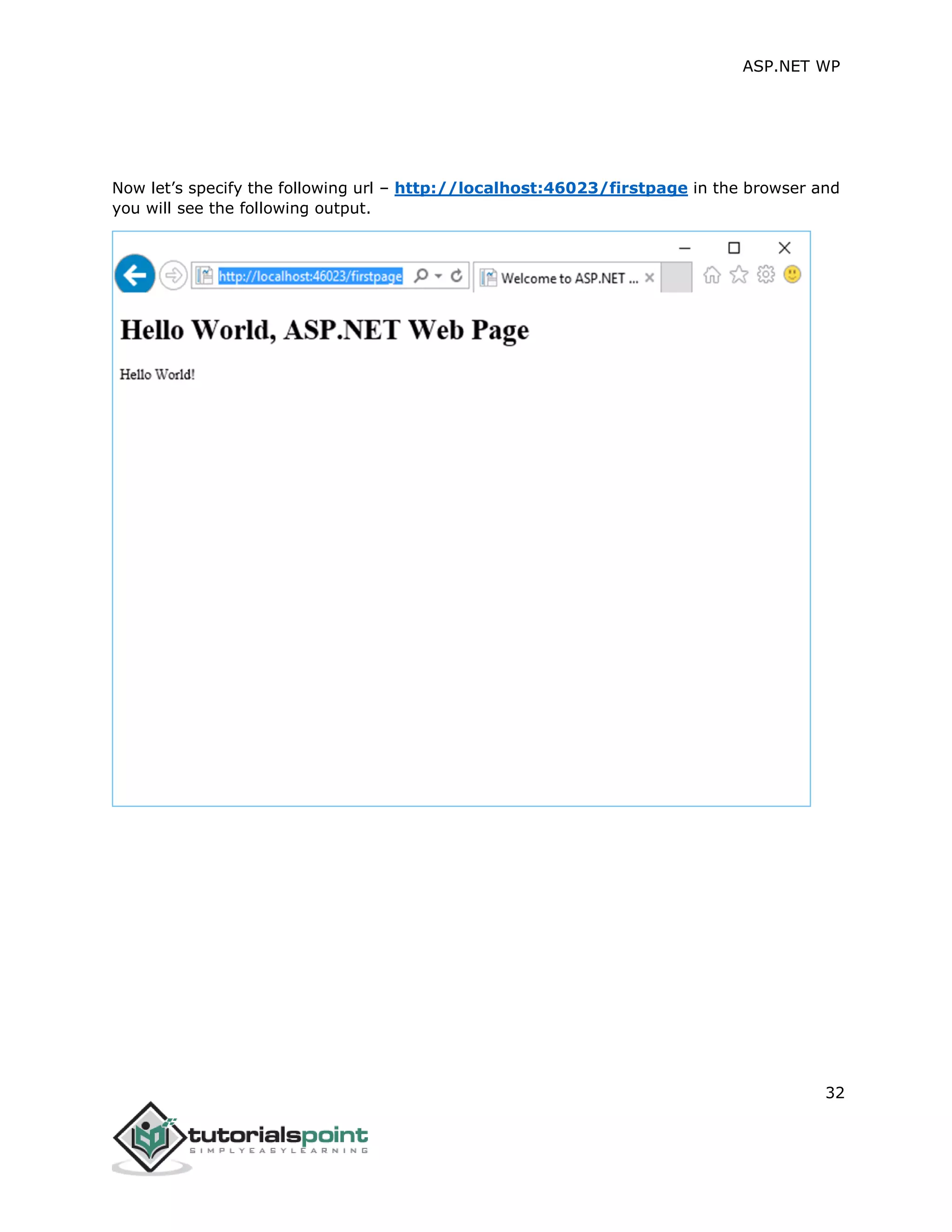 ASP.NET WP
32
Now let’s specify the following url – http://localhost:46023/firstpage in the browser and
you will see the following output.
 