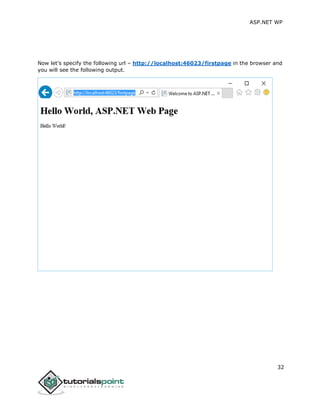 ASP.NET WP
32
Now let’s specify the following url – http://localhost:46023/firstpage in the browser and
you will see the following output.
 