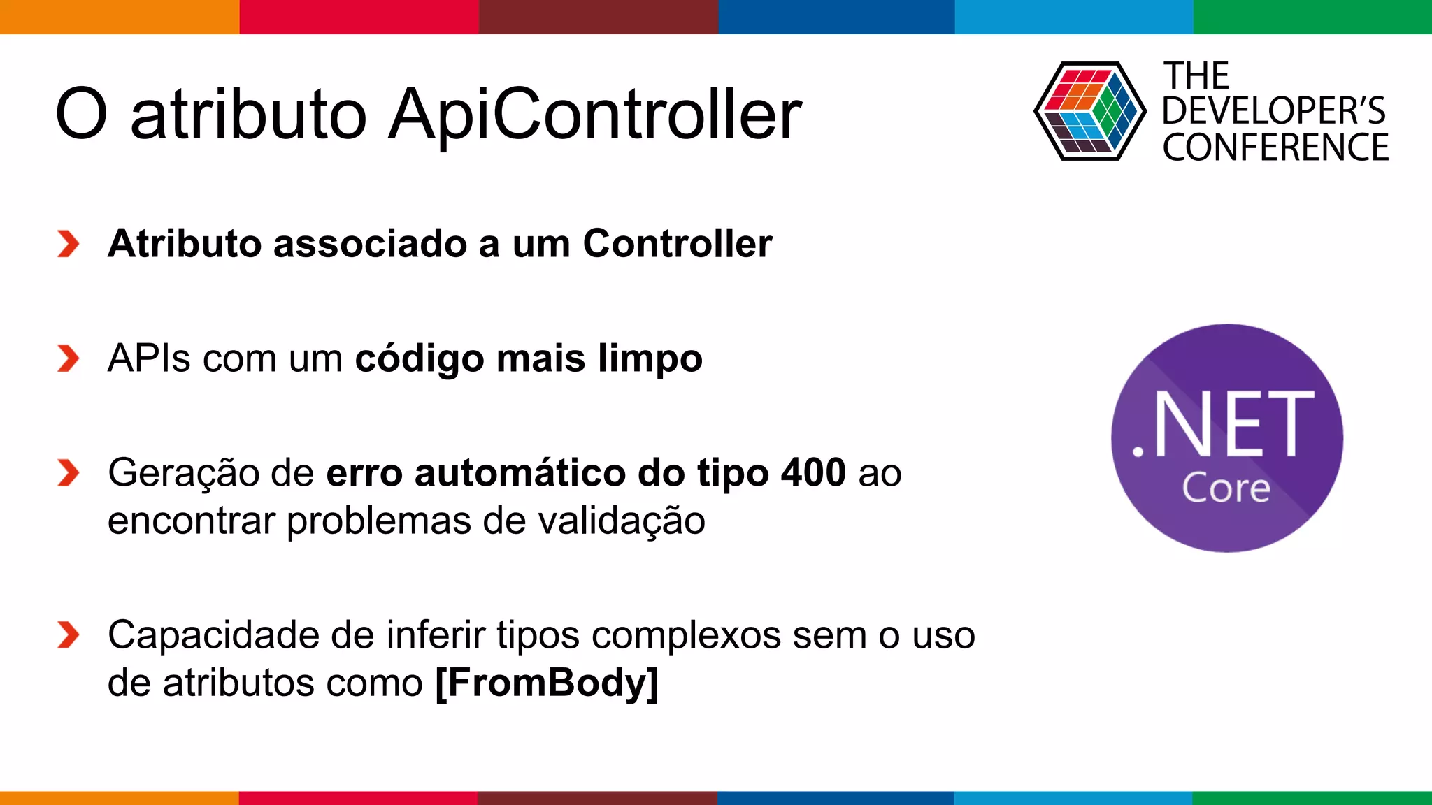 Globalcode – Open4education
O atributo ApiController
Atributo associado a um Controller
APIs com um código mais limpo
Geração de erro automático do tipo 400 ao
encontrar problemas de validação
Capacidade de inferir tipos complexos sem o uso
de atributos como [FromBody]
 