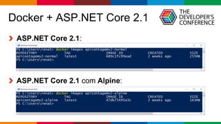 Globalcode – Open4education
Docker + ASP.NET Core 2.1
ASP.NET Core 2.1:
ASP.NET Core 2.1 com Alpine:
 