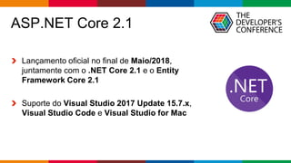 Globalcode – Open4education
ASP.NET Core 2.1
Lançamento oficial no final de Maio/2018,
juntamente com o .NET Core 2.1 e o Entity
Framework Core 2.1
Suporte do Visual Studio 2017 Update 15.7.x,
Visual Studio Code e Visual Studio for Mac
 