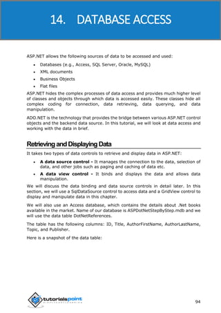 ASP.NET
94
ASP.NET allows the following sources of data to be accessed and used:
 Databases (e.g., Access, SQL Server, Oracle, MySQL)
 XML documents
 Business Objects
 Flat files
ASP.NET hides the complex processes of data access and provides much higher level
of classes and objects through which data is accessed easily. These classes hide all
complex coding for connection, data retrieving, data querying, and data
manipulation.
ADO.NET is the technology that provides the bridge between various ASP.NET control
objects and the backend data source. In this tutorial, we will look at data access and
working with the data in brief.
RetrievingandDisplayingData
It takes two types of data controls to retrieve and display data in ASP.NET:
 A data source control - It manages the connection to the data, selection of
data, and other jobs such as paging and caching of data etc.
 A data view control - It binds and displays the data and allows data
manipulation.
We will discuss the data binding and data source controls in detail later. In this
section, we will use a SqlDataSource control to access data and a GridView control to
display and manipulate data in this chapter.
We will also use an Access database, which contains the details about .Net books
available in the market. Name of our database is ASPDotNetStepByStep.mdb and we
will use the data table DotNetReferences.
The table has the following columns: ID, Title, AuthorFirstName, AuthorLastName,
Topic, and Publisher.
Here is a snapshot of the data table:
14. DATABASE ACCESS
 
