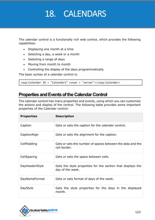 ASP.NET
123
The calendar control is a functionally rich web control, which provides the following
capabilities:
 Displaying one month at a time
 Selecting a day, a week or a month
 Selecting a range of days
 Moving from month to month
 Controlling the display of the days programmatically
The basic syntax of a calendar control is:
<asp:Calender ID = "Calendar1" runat = "server"></asp:Calender>
PropertiesandEventsoftheCalendarControl
The calendar control has many properties and events, using which you can customize
the actions and display of the control. The following table provides some important
properties of the Calendar control:
Properties Description
Caption Gets or sets the caption for the calendar control.
CaptionAlign Gets or sets the alignment for the caption.
CellPadding Gets or sets the number of spaces between the data and the
cell border.
CellSpacing Gets or sets the space between cells.
DayHeaderStyle Gets the style properties for the section that displays the
day of the week.
DayNameFormat Gets or sets format of days of the week.
DayStyle Gets the style properties for the days in the displayed
month.
18. CALENDARS
 