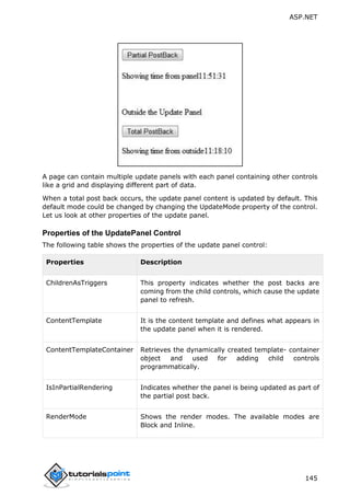 ASP.NET
145
A page can contain multiple update panels with each panel containing other controls
like a grid and displaying different part of data.
When a total post back occurs, the update panel content is updated by default. This
default mode could be changed by changing the UpdateMode property of the control.
Let us look at other properties of the update panel.
Properties of the UpdatePanel Control
The following table shows the properties of the update panel control:
Properties Description
ChildrenAsTriggers This property indicates whether the post backs are
coming from the child controls, which cause the update
panel to refresh.
ContentTemplate It is the content template and defines what appears in
the update panel when it is rendered.
ContentTemplateContainer Retrieves the dynamically created template- container
object and used for adding child controls
programmatically.
IsInPartialRendering Indicates whether the panel is being updated as part of
the partial post back.
RenderMode Shows the render modes. The available modes are
Block and Inline.
 
