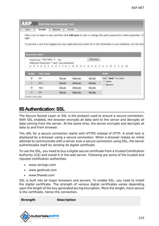 ASP.NET
215
IISAuthentication:SSL
The Secure Socket Layer or SSL is the protocol used to ensure a secure connection.
With SSL enabled, the browser encrypts all data sent to the server and decrypts all
data coming from the server. At the same time, the server encrypts and decrypts all
data to and from browser.
The URL for a secure connection starts with HTTPS instead of HTTP. A small lock is
displayed by a browser using a secure connection. When a browser makes an initial
attempt to communicate with a server over a secure connection using SSL, the server
authenticates itself by sending its digital certificate.
To use the SSL, you need to buy a digital secure certificate from a trusted Certification
Authority (CA) and install it in the web server. Following are some of the trusted and
reputed certification authorities:
 www.verisign.com
 www.geotrust.com
 www.thawte.com
SSL is built into all major browsers and servers. To enable SSL, you need to install
the digital certificate. The strength of various digital certificates varies depending
upon the length of the key generated during encryption. More the length, more secure
is the certificate, hence the connection.
Strength Description
 