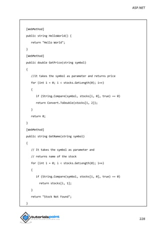 ASP.NET
228
[WebMethod]
public string HelloWorld() {
return "Hello World";
}
[WebMethod]
public double GetPrice(string symbol)
{
//it takes the symbol as parameter and returns price
for (int i = 0; i < stocks.GetLength(0); i++)
{
if (String.Compare(symbol, stocks[i, 0], true) == 0)
return Convert.ToDouble(stocks[i, 2]);
}
return 0;
}
[WebMethod]
public string GetName(string symbol)
{
// It takes the symbol as parameter and
// returns name of the stock
for (int i = 0; i < stocks.GetLength(0); i++)
{
if (String.Compare(symbol, stocks[i, 0], true) == 0)
return stocks[i, 1];
}
return "Stock Not Found";
}
 