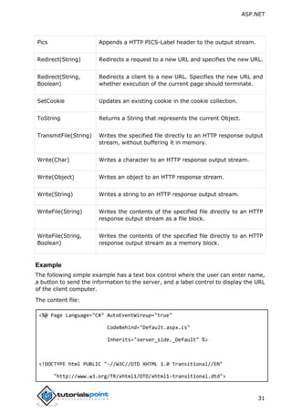ASP.NET
31
Pics Appends a HTTP PICS-Label header to the output stream.
Redirect(String) Redirects a request to a new URL and specifies the new URL.
Redirect(String,
Boolean)
Redirects a client to a new URL. Specifies the new URL and
whether execution of the current page should terminate.
SetCookie Updates an existing cookie in the cookie collection.
ToString Returns a String that represents the current Object.
TransmitFile(String) Writes the specified file directly to an HTTP response output
stream, without buffering it in memory.
Write(Char) Writes a character to an HTTP response output stream.
Write(Object) Writes an object to an HTTP response stream.
Write(String) Writes a string to an HTTP response output stream.
WriteFile(String) Writes the contents of the specified file directly to an HTTP
response output stream as a file block.
WriteFile(String,
Boolean)
Writes the contents of the specified file directly to an HTTP
response output stream as a memory block.
Example
The following simple example has a text box control where the user can enter name,
a button to send the information to the server, and a label control to display the URL
of the client computer.
The content file:
<%@ Page Language="C#" AutoEventWireup="true"
CodeBehind="Default.aspx.cs"
Inherits="server_side._Default" %>
<!DOCTYPE html PUBLIC "-//W3C//DTD XHTML 1.0 Transitional//EN"
"http://www.w3.org/TR/xhtml1/DTD/xhtml1-transitional.dtd">
 