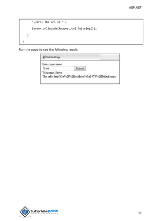 ASP.NET
33
".<br/> The url is " +
Server.UrlEncode(Request.Url.ToString());
}
}
Run the page to see the following result:
 