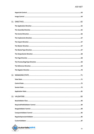 ASP.NET
iv
HyperLink Control .................................................................................................................................63
Image Control .......................................................................................................................................64
11. DIRECTIVES........................................................................................................................65
The Application Directive ......................................................................................................................65
The Assembly Directive .........................................................................................................................65
The Control Directive ............................................................................................................................66
The Implements Directive .....................................................................................................................67
The Import Directive .............................................................................................................................67
The Master Directive.............................................................................................................................67
The MasterType Directive .....................................................................................................................67
The OutputCache Directive ...................................................................................................................68
The Page Directive ................................................................................................................................68
The PreviousPageType Directive ...........................................................................................................69
The Reference Directive ........................................................................................................................69
The Register Directive ...........................................................................................................................70
12. MANAGING STATE.............................................................................................................71
View State.............................................................................................................................................71
Control State.........................................................................................................................................75
Session State.........................................................................................................................................75
Application State...................................................................................................................................81
13. VALIDATORS......................................................................................................................83
BaseValidator Class...............................................................................................................................83
RequiredFieldValidator Control.............................................................................................................84
RangeValidator Control.........................................................................................................................84
CompareValidator Control ....................................................................................................................85
RegularExpressionValidator ..................................................................................................................85
CustomValidator ...................................................................................................................................87
 