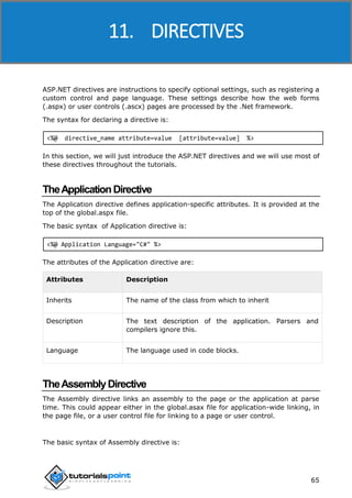 ASP.NET
65
ASP.NET directives are instructions to specify optional settings, such as registering a
custom control and page language. These settings describe how the web forms
(.aspx) or user controls (.ascx) pages are processed by the .Net framework.
The syntax for declaring a directive is:
<%@ directive_name attribute=value [attribute=value] %>
In this section, we will just introduce the ASP.NET directives and we will use most of
these directives throughout the tutorials.
TheApplicationDirective
The Application directive defines application-specific attributes. It is provided at the
top of the global.aspx file.
The basic syntax of Application directive is:
<%@ Application Language="C#" %>
The attributes of the Application directive are:
Attributes Description
Inherits The name of the class from which to inherit
Description The text description of the application. Parsers and
compilers ignore this.
Language The language used in code blocks.
TheAssemblyDirective
The Assembly directive links an assembly to the page or the application at parse
time. This could appear either in the global.asax file for application-wide linking, in
the page file, or a user control file for linking to a page or user control.
The basic syntax of Assembly directive is:
11. DIRECTIVES
 